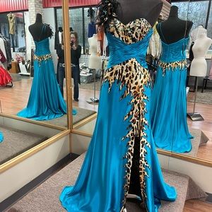 Leopard & Turquoise Formal Gown by Precious Formal’s size 2 with Slit